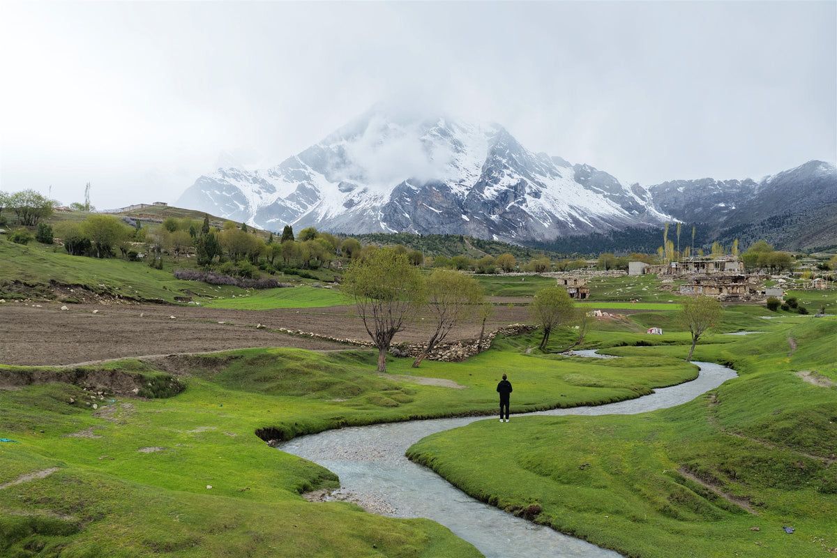 A river winding through a green valley below a snow-capped peak